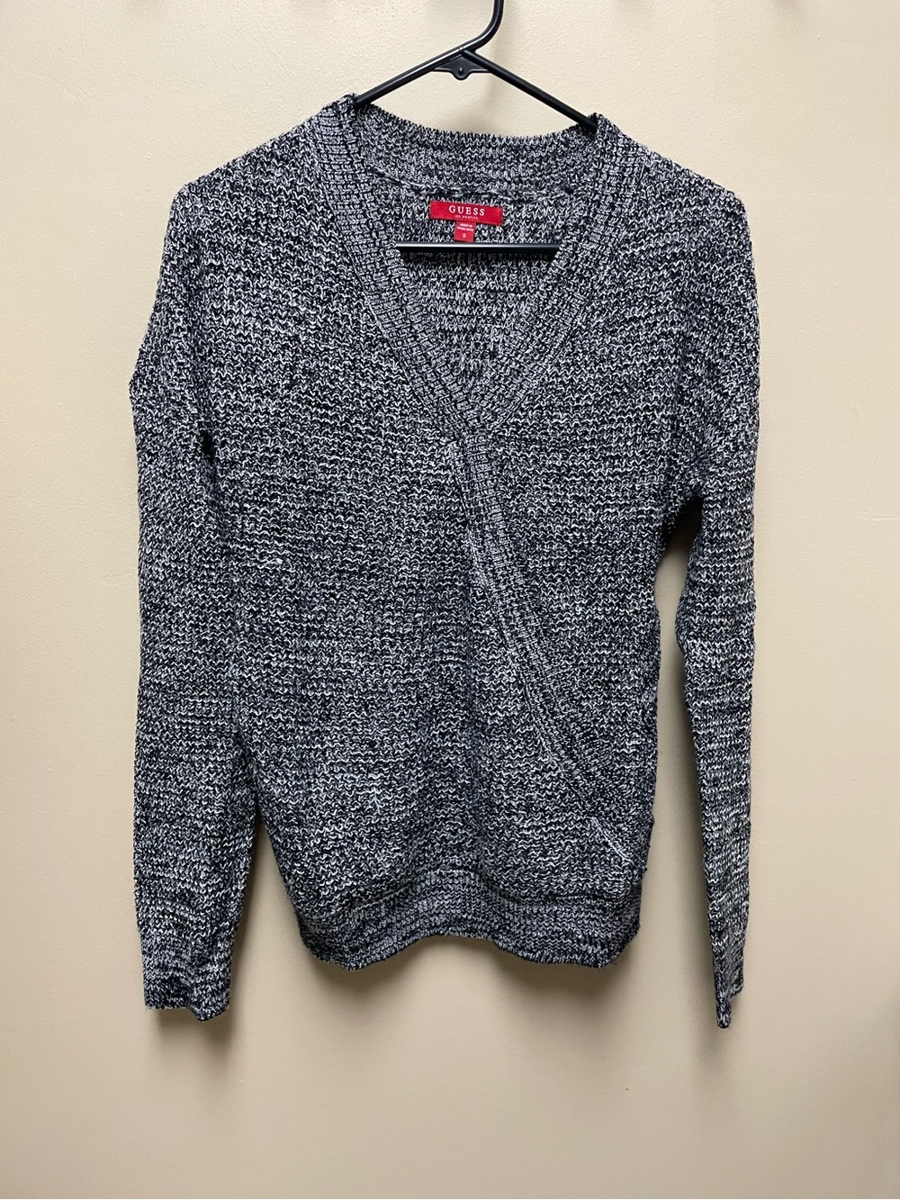GUESS Black & White Marled Wrap-Style V-Neck Sweater